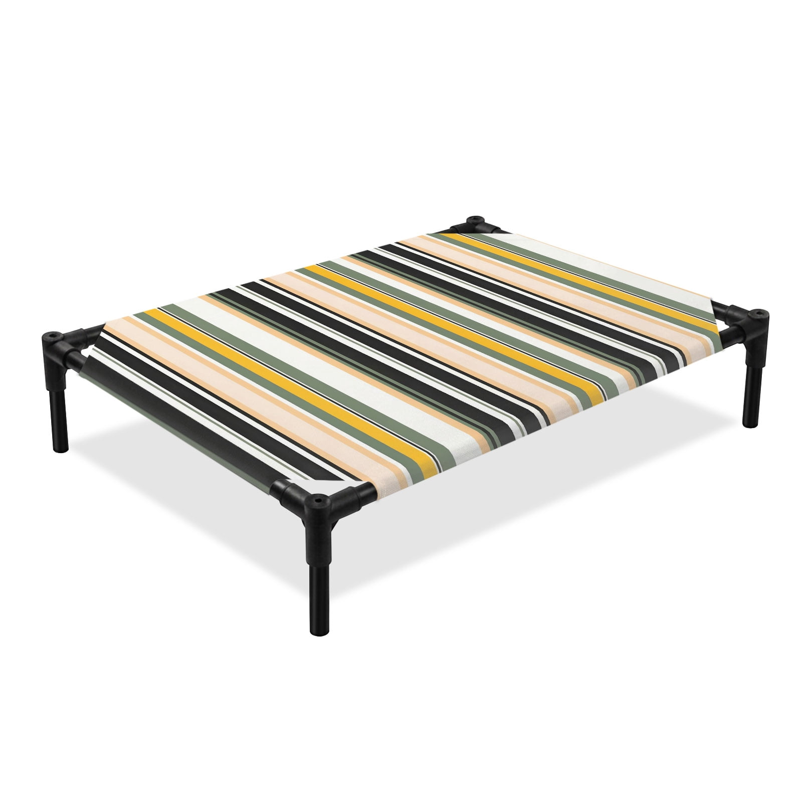 Vintage Stripes Elevated Dog Bed Black Yellow Green Striped Abstract Lines Cooling Breathable Outdoor Raised Dog Cot Bed with Metal Frame Non-Slip Feet for Large Dog 28x22in