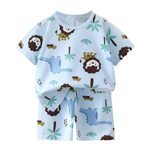 MIASHUI Ensemble 2 Pcs Garçons Filles Imprimé Dessin Animé Manches Courtes et Shorts, Bleu Clair, 4-5 Ans