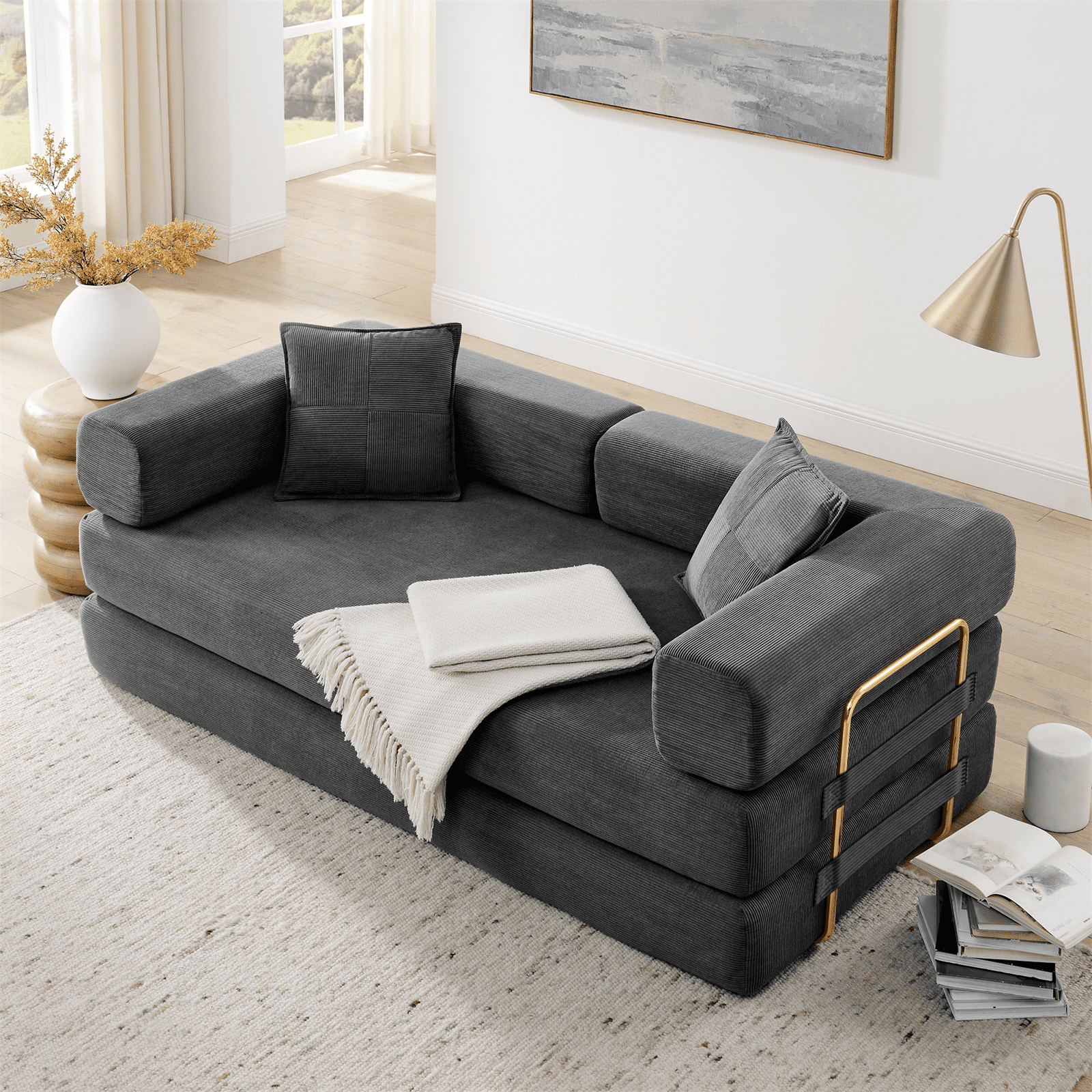 Lunale Boneless Cloud Couch, Convertible Floor Sofa Bed, Queen Size Pull Out Sleeper Sofa, No Assembly Required, Gray Corduroy