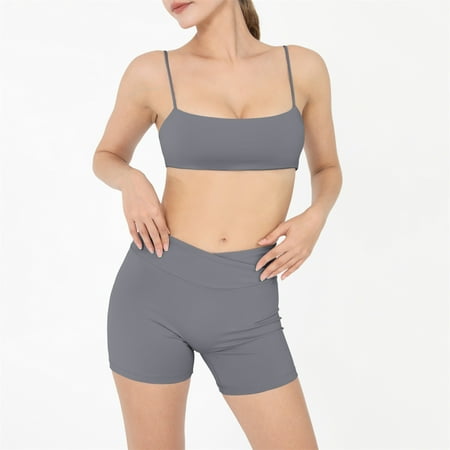 2 Piece Women s Workout Set  High Waisted Yoga Shorts Set  V-Shorts with Sports Bra Grey XL