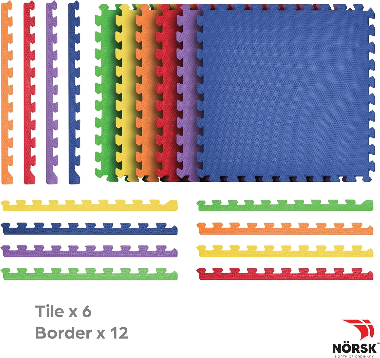 Norsk Duräflex Lite Puzzle Mats Interlocking EVA Foam Floor Tiles Solid Color, 6 Tiles - 24 Sq. Ft., 1/2" Thick, Rainbow Pack