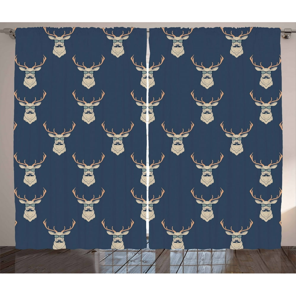 Deer Curtains 2 Panels Set, Hipster Inspired Deer with Antlers Glasses
