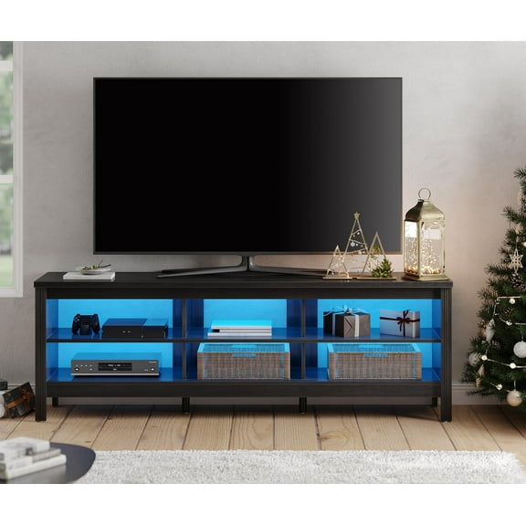 LED TV Stand for 75 inch TV Entertainment Center Black TV Console Table with 6 Storages for Living Room Bedroom, 70"