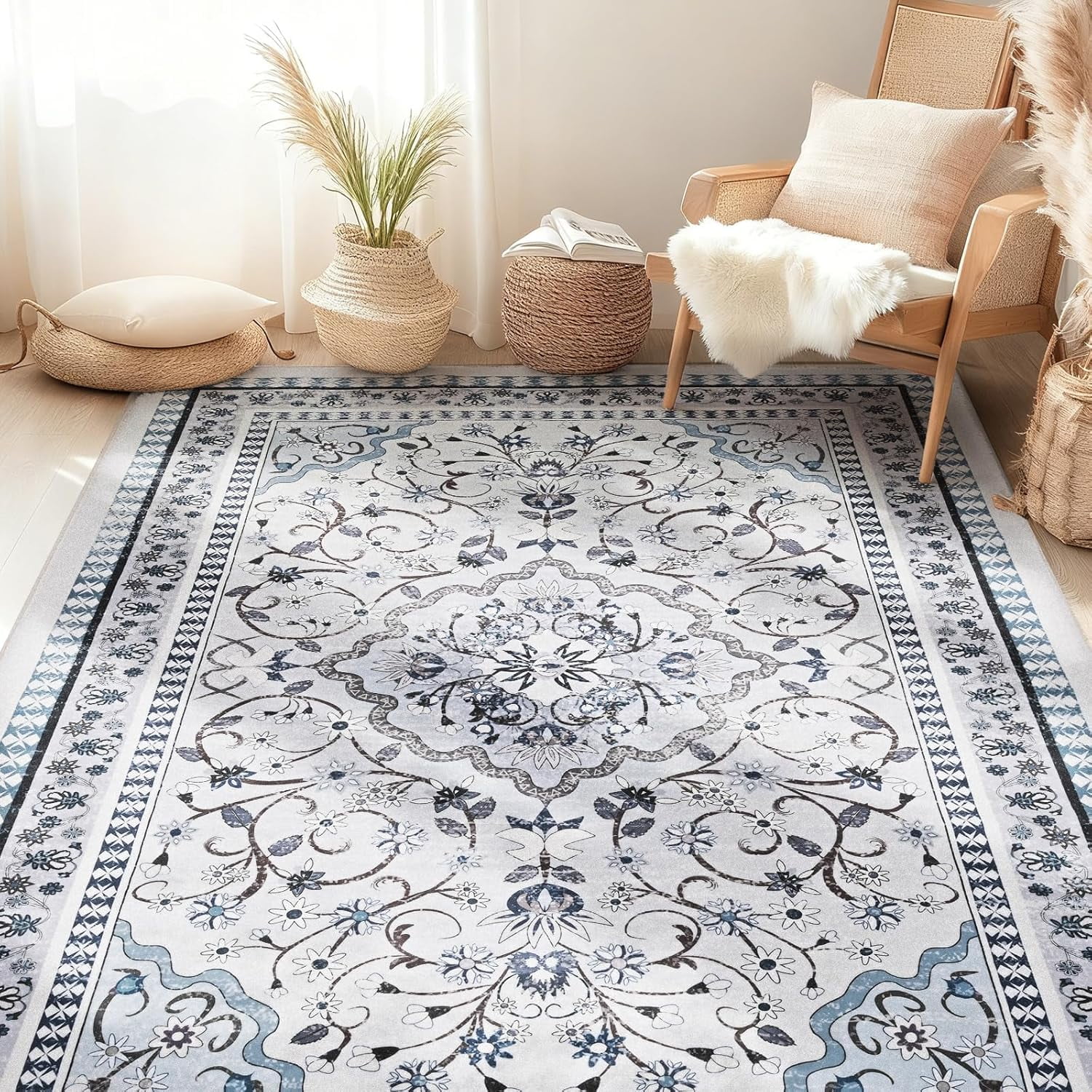 Bleum Cade Large Area Rug for Living Room, 5x7 Machine Washable Boho Rug for Bedroom, Soft Low Pile Non Slip Boho Dining Room Rug, Floral Vintage Floor Carpet for Bedroom Home Office,Blue