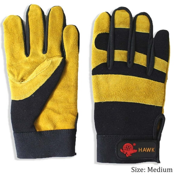 HAWK Men's Yellow Leather Palm & Black Spandex Back | Size Medium (M) | Premium Driver's Gloves | Puncture Resistant | Reinforced Tips | Adjustable Wrist | Ideal for Driving & Motorcycling