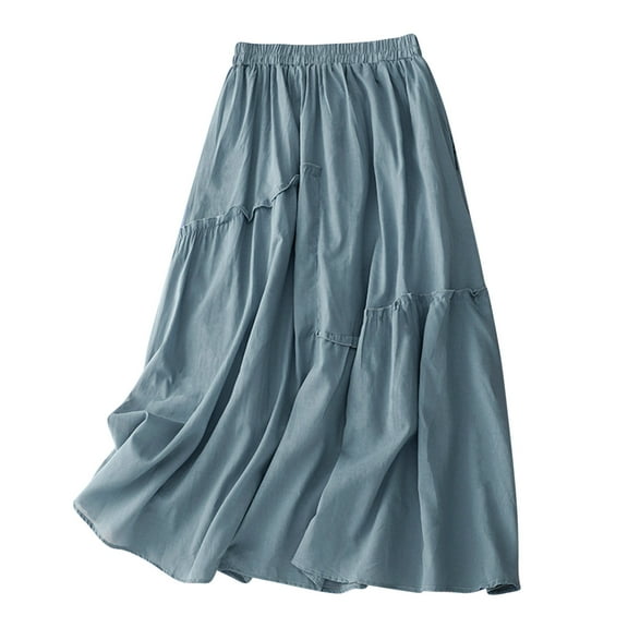 JNGSA Women's Flowy Midi Skirt New Double Layer Cotton Linen Skirts Elastic Waist Bohemian Casual Long Skirt for Summer/Fall Blue