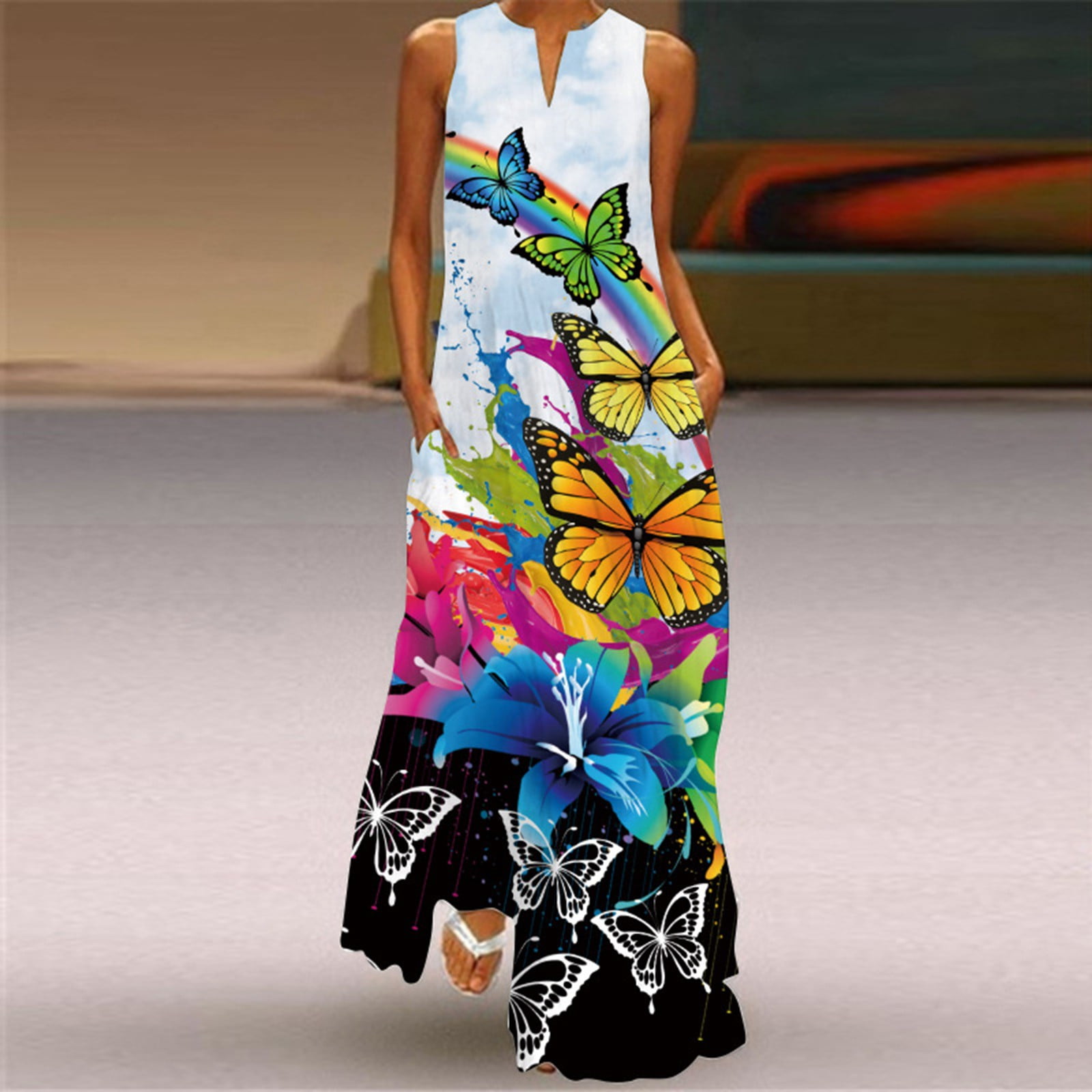 ONHUON Beach Dresses for Women Maxi Dresses for Women Party Flower Print Casual Summer Sundress Sleeveless Cami Tank Dress 
