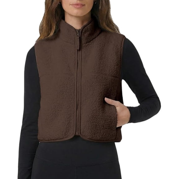 Cropped Fleece Vest Women Sleeveless Stand Collar Zip Up Sherpa Jacket Fall Winter Warm Coats Outerwear with Pockets, S