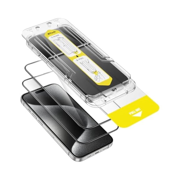 Full Coverage Screen Protector for iPhone 15 Pro 6.1-Inch, 10-Second Super Easy Installation with One-Step Alignment Tray, Bubble-Free Tempered Glass Film, HD Clear, 2-Pack