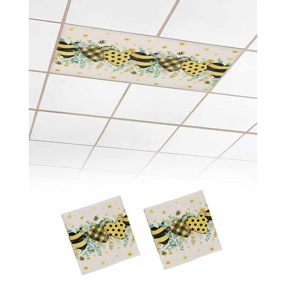 Fluorescent Light Covers for Ceiling Lights 2 Pack,Summer Botanical Magnetic Ceiling Light Covers 2x4ft for Classroom Office School,Yellow Black Love Heart Eucalyptus Leaves Drop Ceiling Light Shade