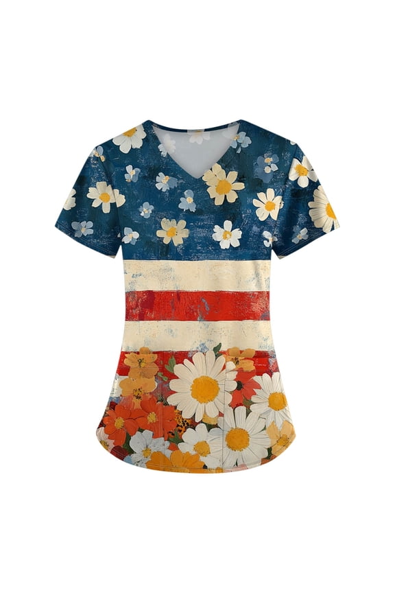 4Th Of July Shirts Women, Scrubs For Tops Plus Size V Neck Short Sleeve Workwear With Pockets Red White And Royal Blue American Flag Top Scrubs Navy Pride Outfits Shirts (4XL, Light Blue) ZMTing