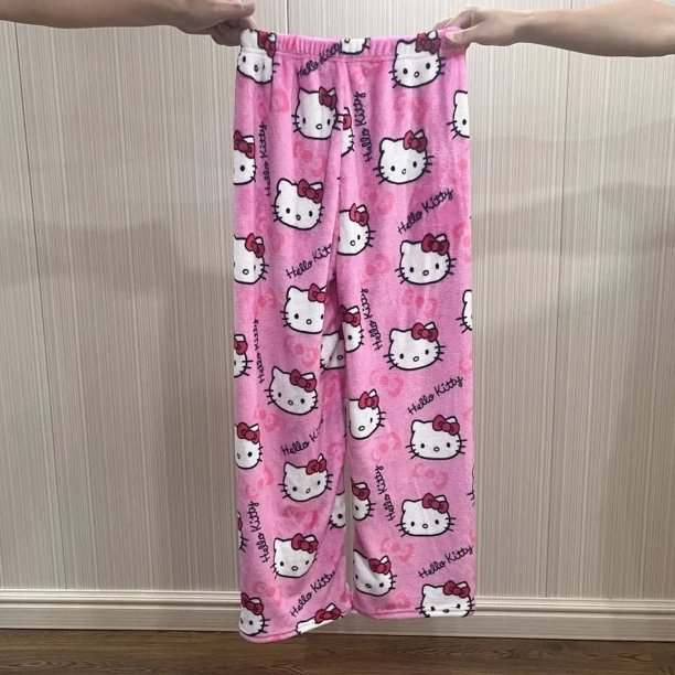 Sanrio-Pijama de franela de Hello Kitty para mujer, ropa de dormir de lana cálida, pantalones de Casa informales de dibujos animados, pantalones de moda de Anime Kawaii Y2k, Otoño e Invierno