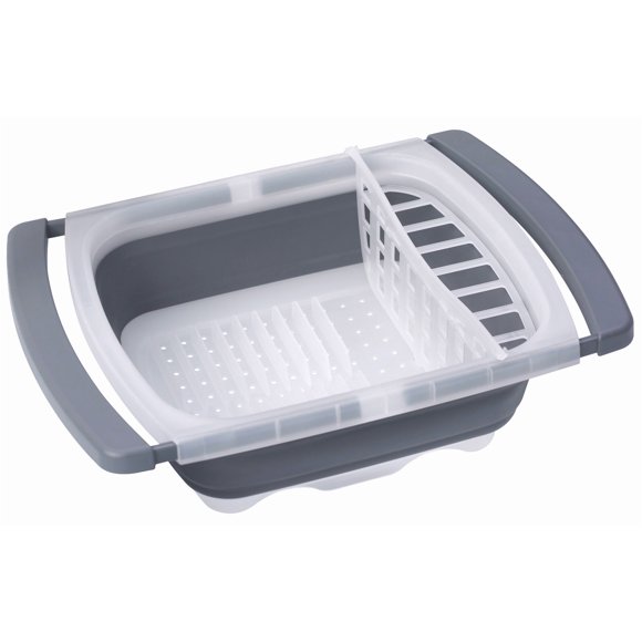 Progressive International Égouttoir à Vaisselle CDD-20GY Prepworks; s'Adapte à l'Évier de VR; avec Plateau Égouttoir; Blanc/gris; Plastique; avec Porte-Ustensiles Extensible à Main/escamotable