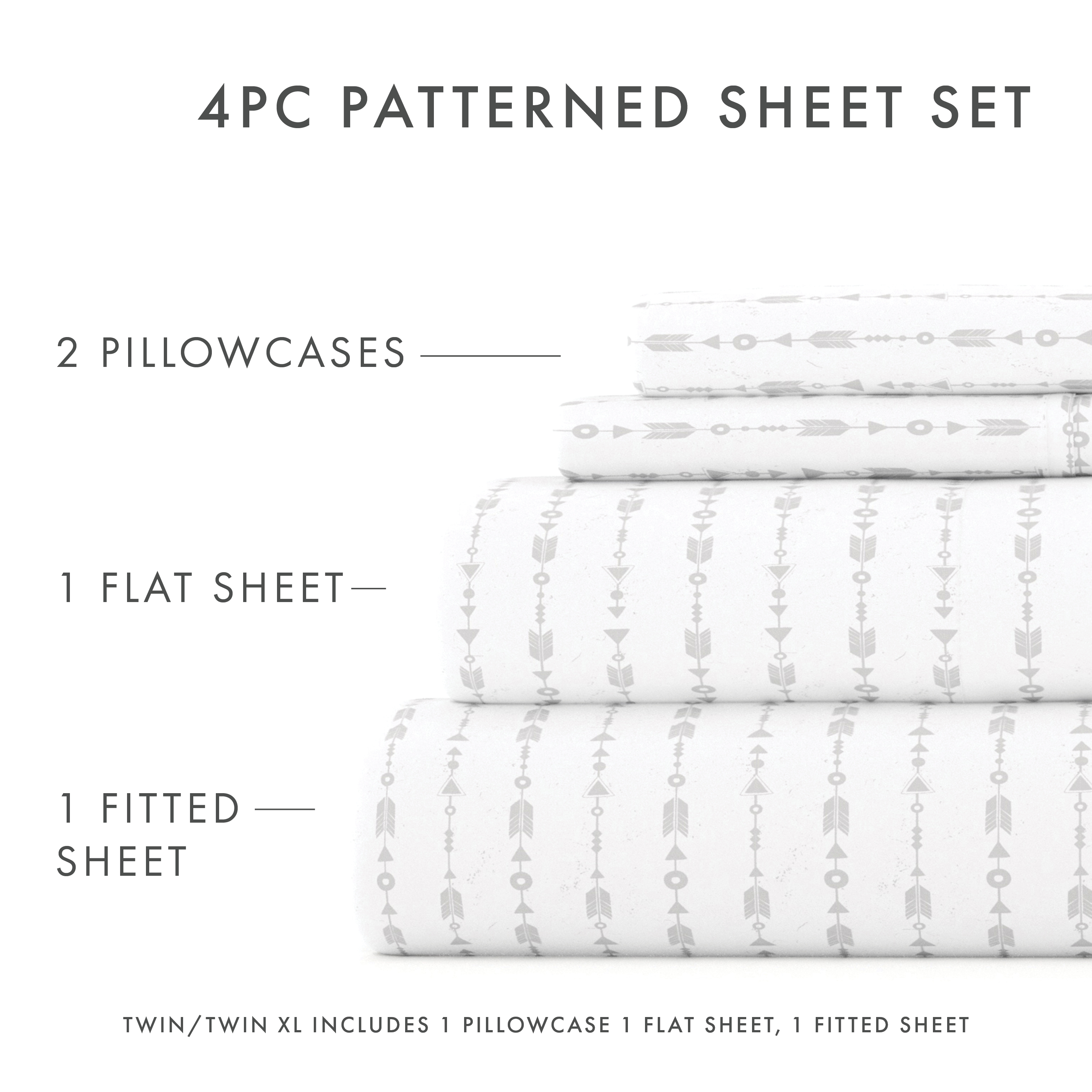 Noble Linens 4 Piece Pattern Microfiber Bed Sheets Set, Light Gray Beaded Arrows, King