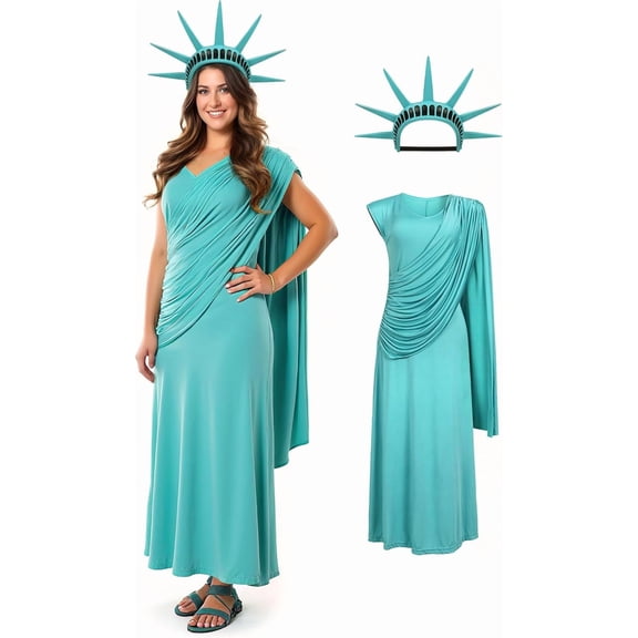 Statue of Liberty Greek Goddess Costume, White Long Dress, Halloween Cosplay Outfit