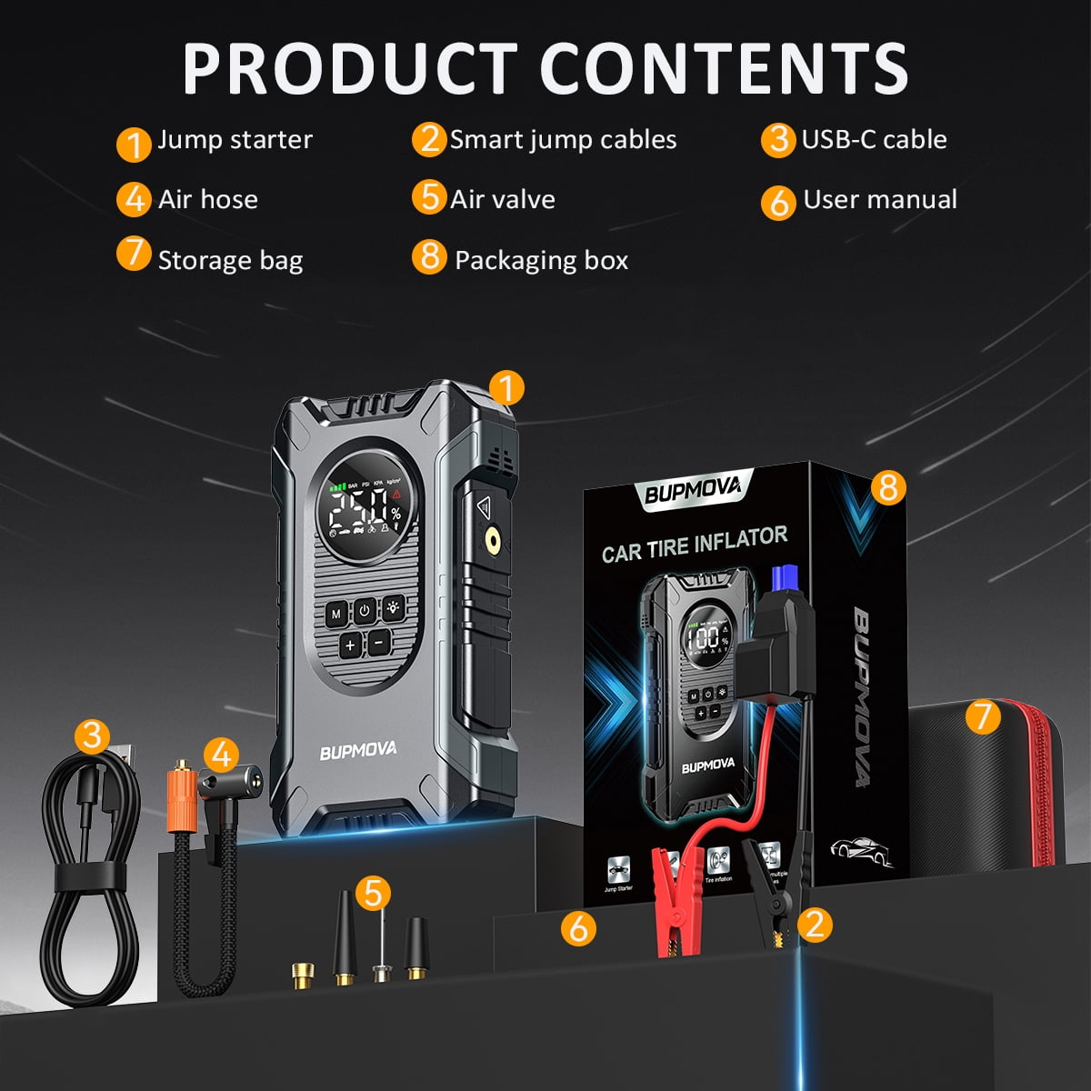 BUPMOVA 21800A Car Jump Starter Battery Pack with Air Compressor 150 PSI,12V Battery Booster Charger - Portable Tire Inflator with Power Bank, LED Light, LCD Display, up to All Gas/10L Diesel