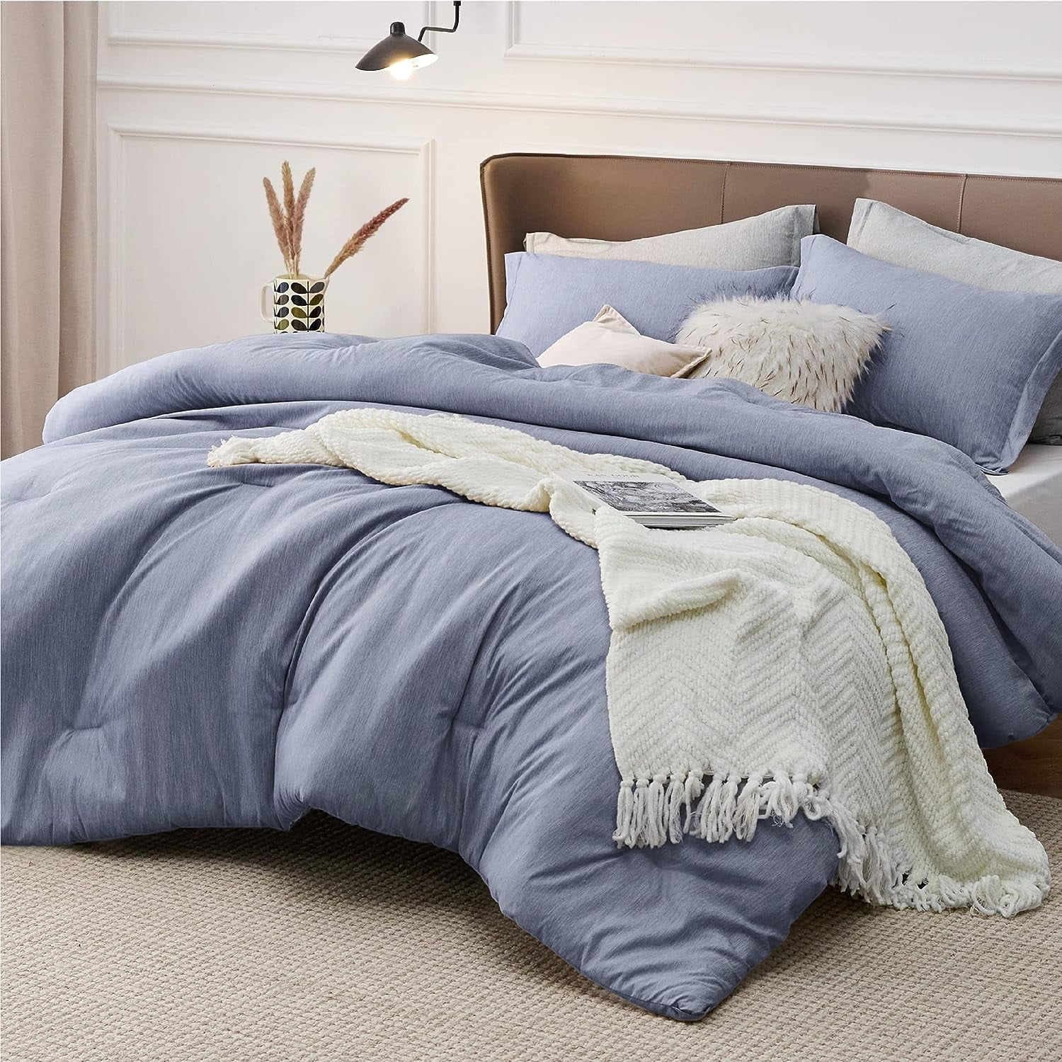 Queen Blue Comforter Set for All Season, 3 Pieces Cationic Dyeing
