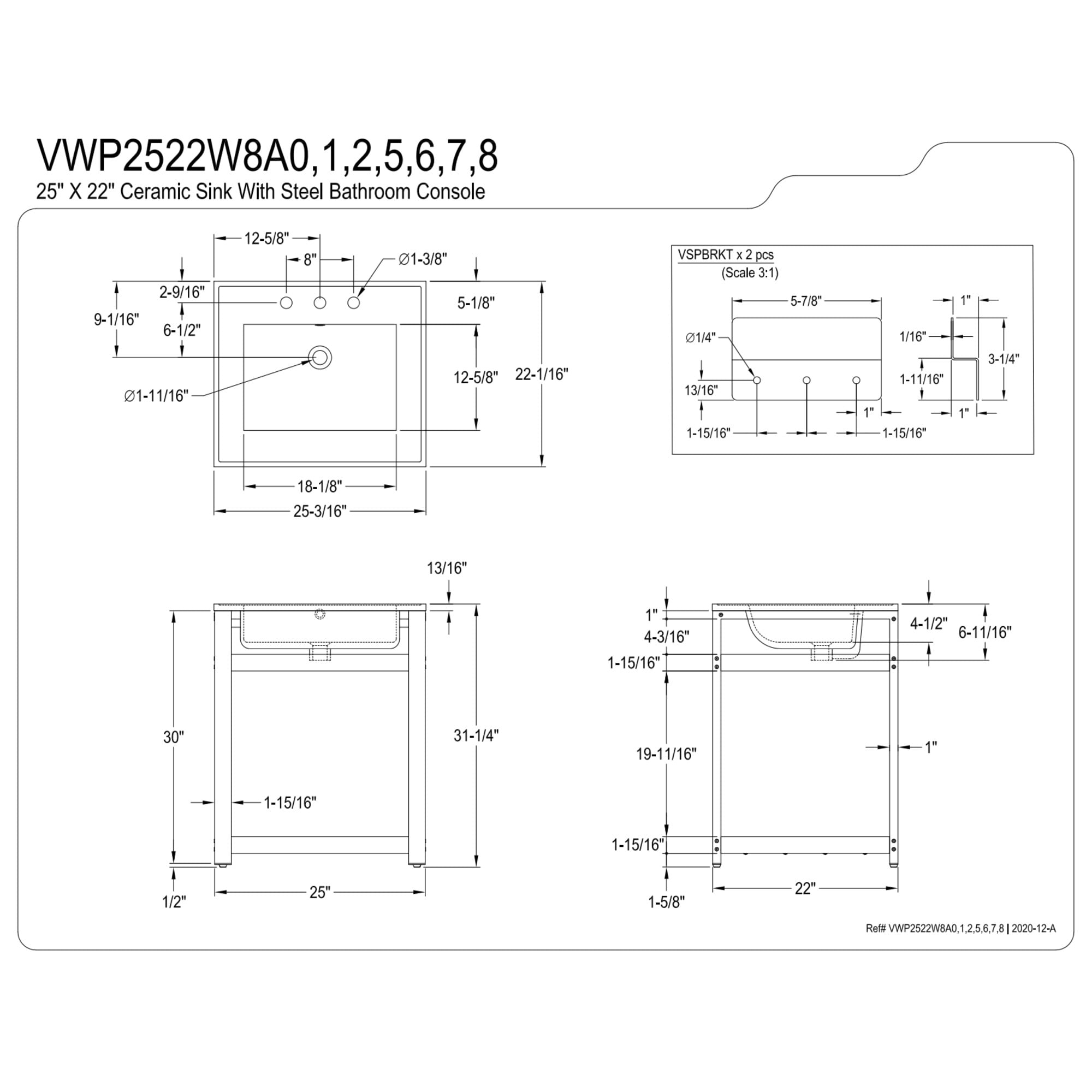 Kingston Brass VWP2522W8A6 Quadras 25" Ceramic Console Sink with Steel Base and Shelf (8-Inch, 3-Hole), White/Polished Nickel