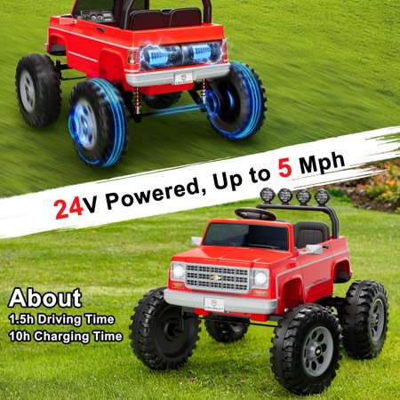 Chevrolet Cheyenne 24 Volt Ride on Toys with Remote, Ride on Truck for Big Kids 3-8 Years, Wisairt Power Car Wheels with 2 Seater, Red