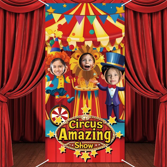 1 Set Circus Photo Door Banner Circus Clown Large Fabric Photo Door Backdrop Props Decor for Circus Theme Party Decor Funny Clown Face in Hole Photo Backdrop for Birthday Party 70.8x35.4 Inch