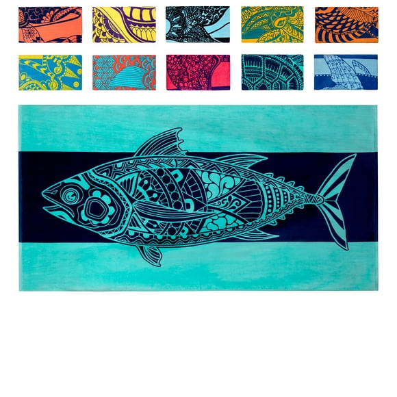 Nova Blue Tuna Fish Beach Towel (34 X 63) - Blue Striped cotton Beach Towel Made from 100 cotton - Quick Drying Pool Towel with Tropical Design - Beach Towel Large Oversized