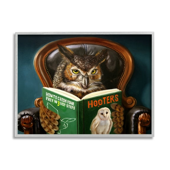 Stupell Industries Funny Owl Reading Leather Chair Hoot Book Animals & Insects Painting Gray Framed Art Print Wall Art, 11 x 14