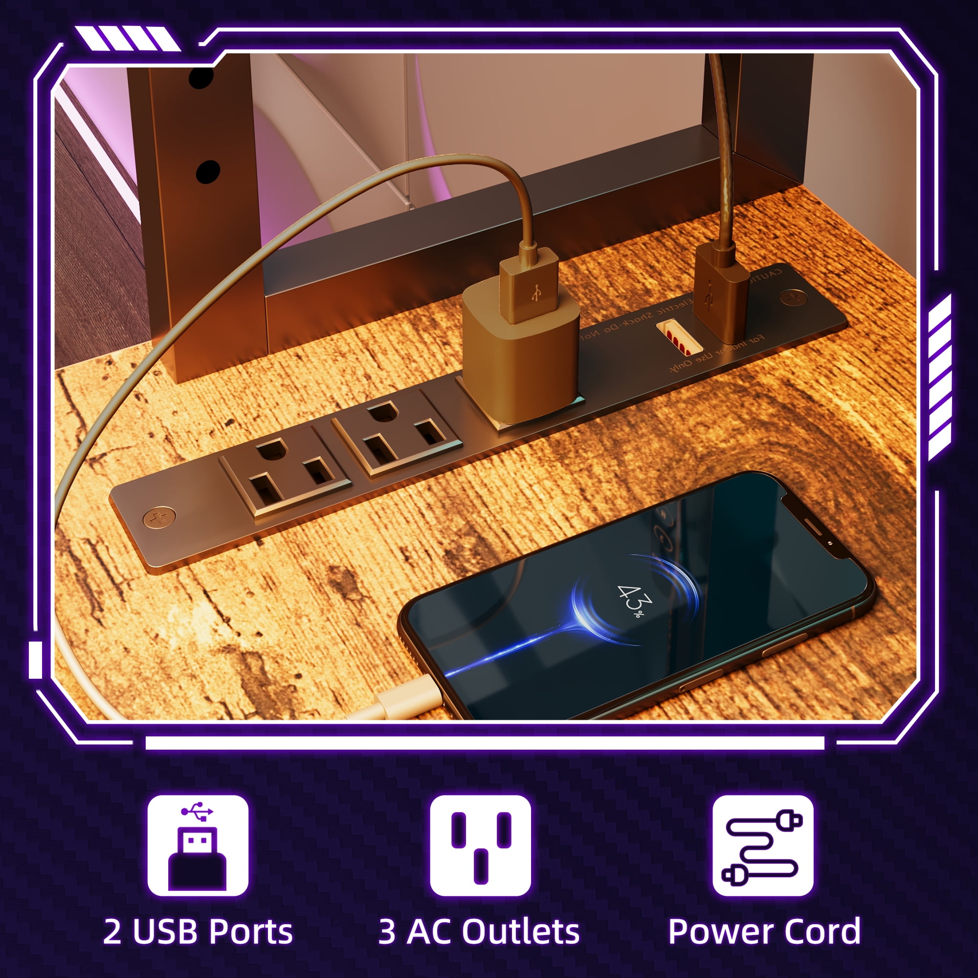 Casacomoda 53 Inch L Shaped Desk with LED Light & Power Outlet, Reversible L Shaped Computer Table with Shelf & Hook for Home Office, Vintage