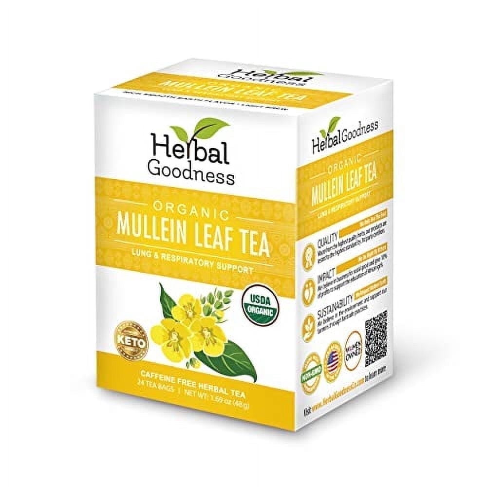 Mullein Leaf Tea Organic - Lungs Detox, Respiratory, Digestion, Skin & Relaxation Support, 24 Teabags, Herbal Goodness