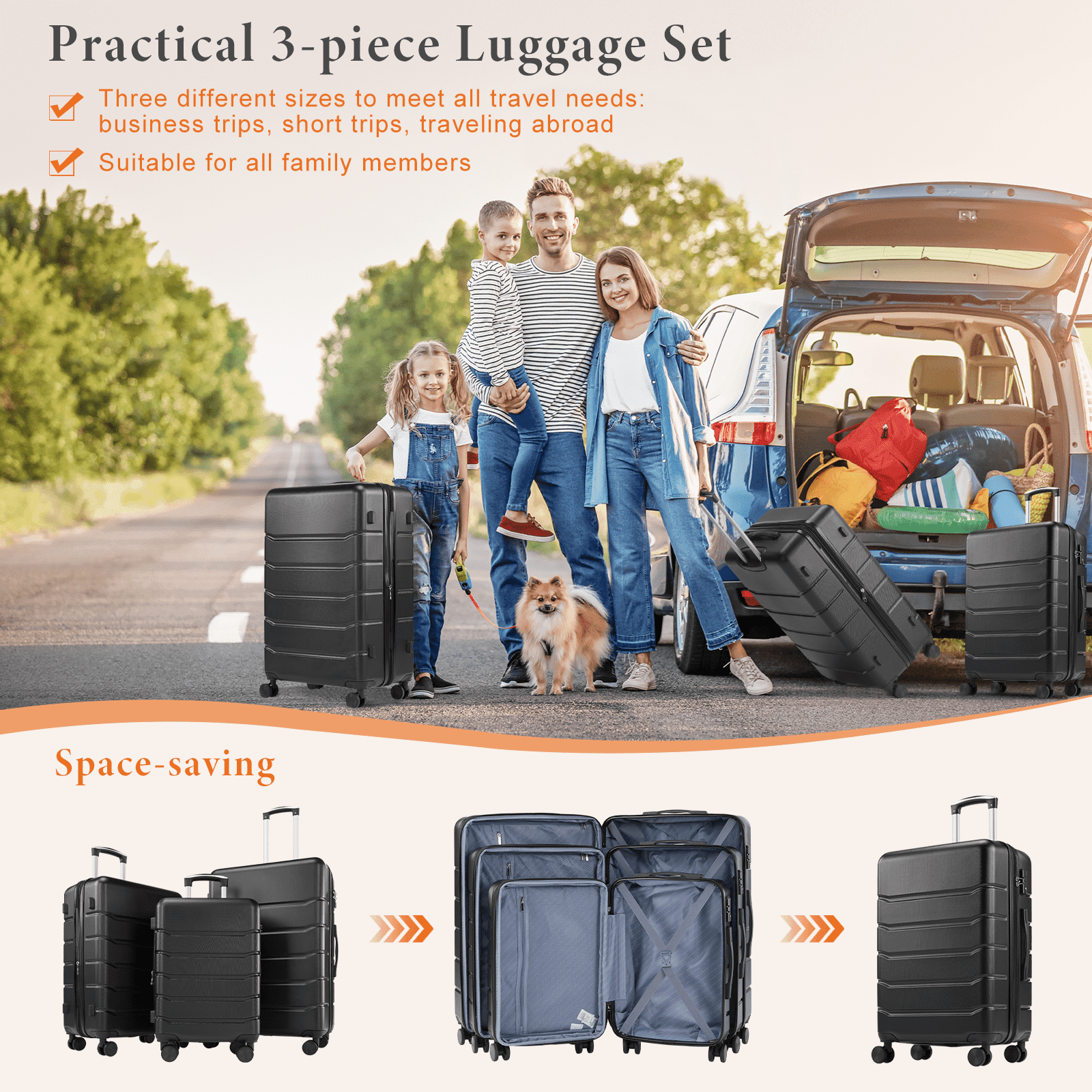 MAYEERTY 3 Pieces Luggage, Expandable Hardside Suitcase With Spinner Wheels, Hard Shell Abs Durable Lightweight Travel Luggage With Tsa Lock, Blue,Black