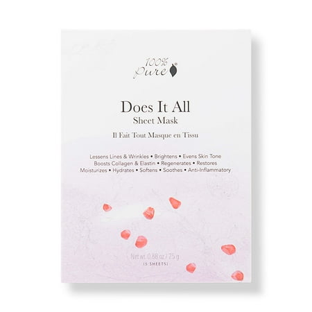 100% PURE Does It All Sheet Mask - Full Face Sheet Mask Facial Skin Care Made with Retinol Licorice Vitamin C Caffiene & Hyaluronic Acid - Helps Restore Damage for Women & Men - 5 Pack