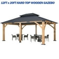 thumbnail image 2 of Howsvn 12 ft. x 20 ft Outdoor Hip Roof Spruce Wooden Gazebo, Heavy-duty Hard Top Steel Double Roof Gazebo Pavilion, Weather Protected Permanent Canopy for Patio, Garden, Backyard, 2 of 10