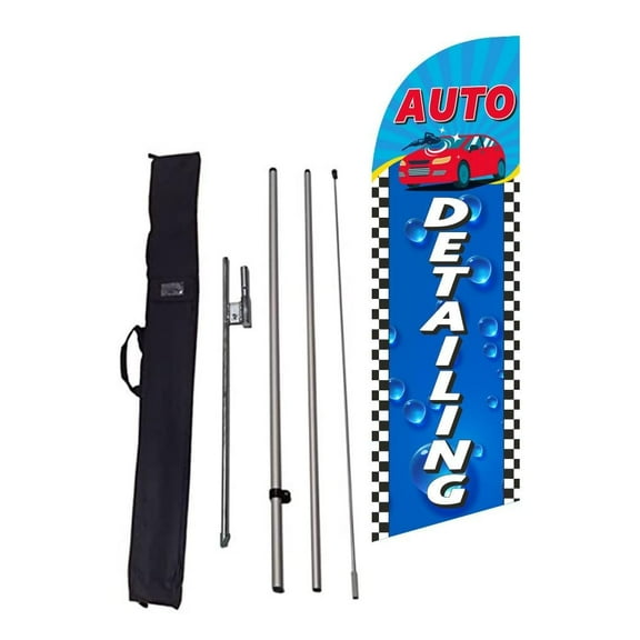 Auto Detailing 6FT Windless Feather Flag Advertising banner with Complete 8FT pole kit with Ground Spike and Travel Bag