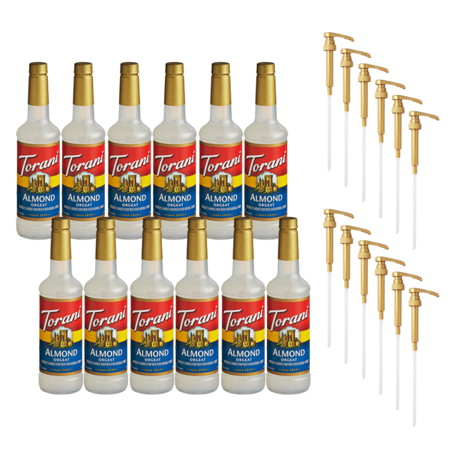 Torani Almond (Orgeat) Flavoring Syrup Plastic 750 mL with Bonus Squeeze Pump – Premium Italian Marzipan & Tiki Mixology Drink Mixer, Pure Cane Sugar Matrix, Shatterproof Handheld Foodservice Bottle