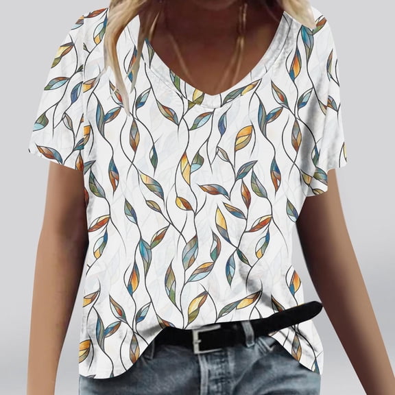 Njagoc3 Womens Jungle Leaf Print V-Neck T-Shirt Wild Tropical Short Sleeve Breathable Top