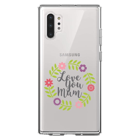 DistinctInk Clear Shockproof Hybrid Case for Galaxy Note 10 PLUS (6.8" Screen) - TPU Bumper Acrylic Back Tempered Glass Screen Protector - Love You Mum - Floral Border