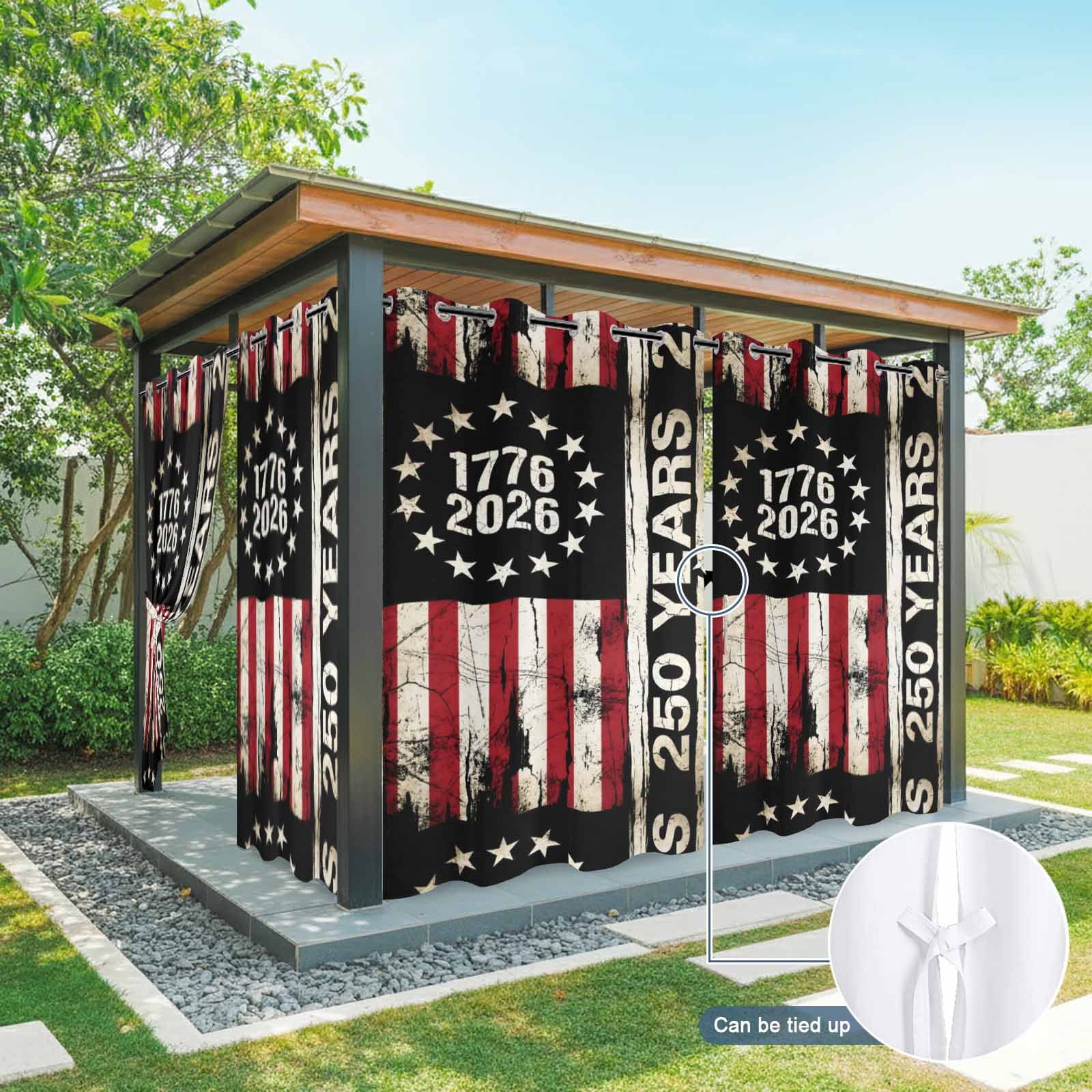 Independence Day Outdoor Curtains for Patio, 250 Years American Flag Red Stripe 4th of July Sunshade Privacy Drapes Grommet Waterproof Outside Curtains for Porch/Cabana/Balcony 54"x 108", 1 Panel