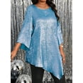 thumbnail image 2 of Women'S 2025 Plus Size Loose Round Neck Nine-Point Sleeve Irregular Hem Tops Light Blue XXXL, 2 of 6