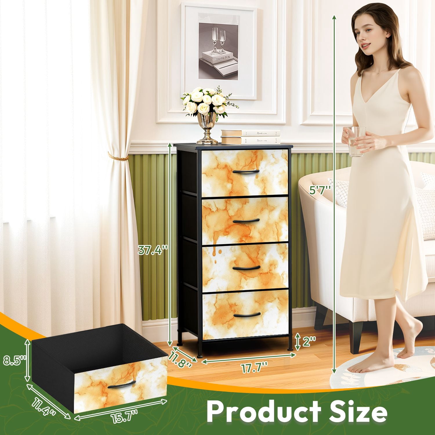 4 Drawer Vertical Storage Dresser Watercolor wash Abstract yellow orange dye spots with Wood Top Fabric Pull Drawers