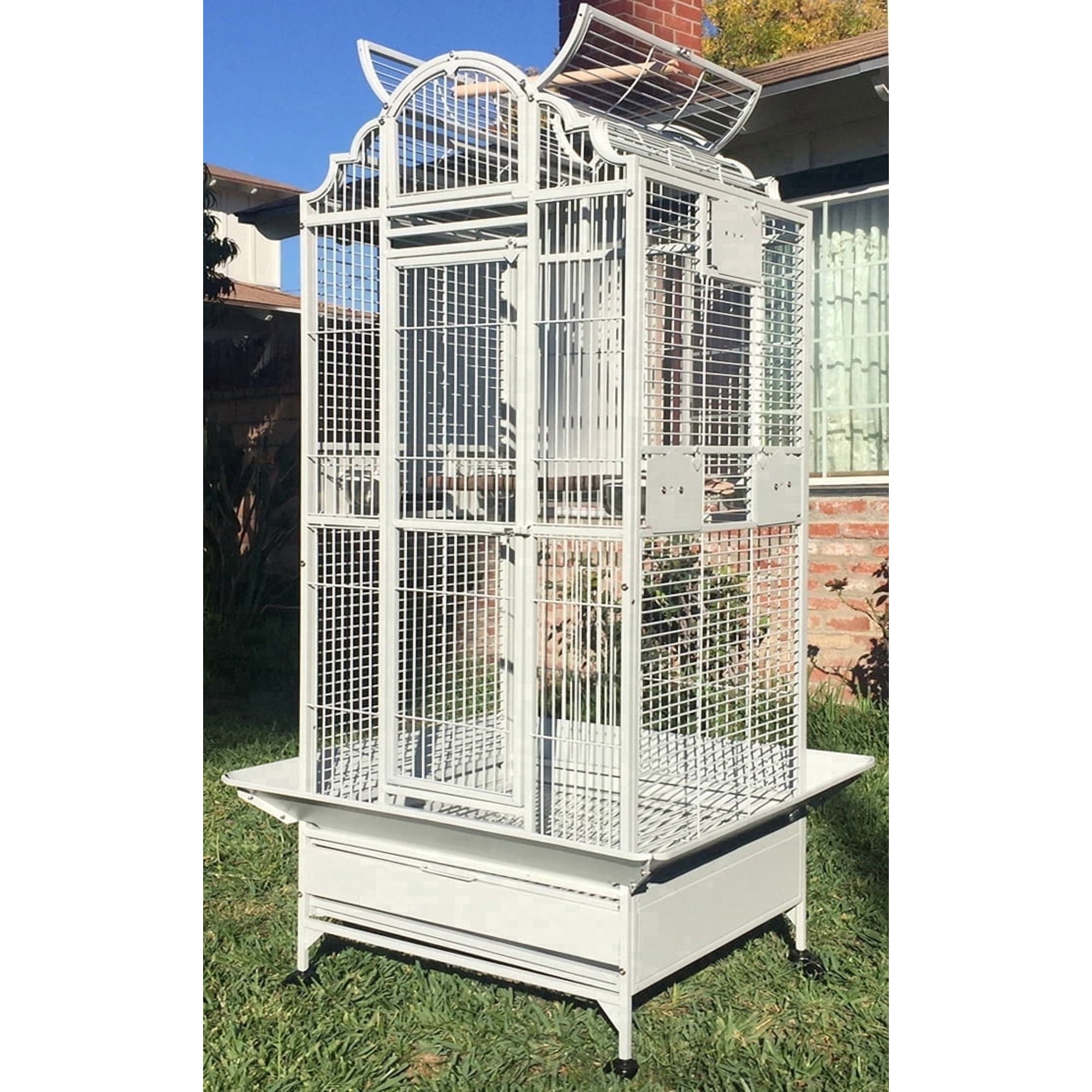White Large Deluxe and Durable Wrought Iron Open Dome Perch Play Top Stand Bird Parrot Rolling Cage, Include Metal Seed Guard Solid Metal Feeder Breeding Doors