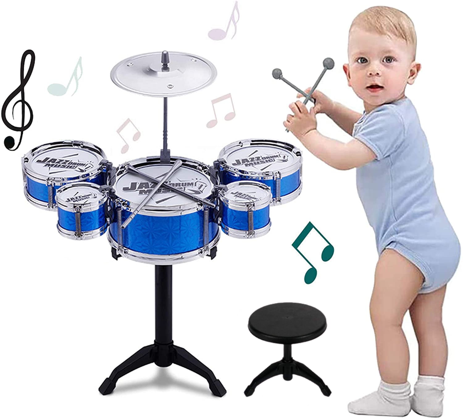 ADHW Pink Childs Kids Drum Kit Musical Toy Jazz Band Sound Drums Play Set With Stool 
