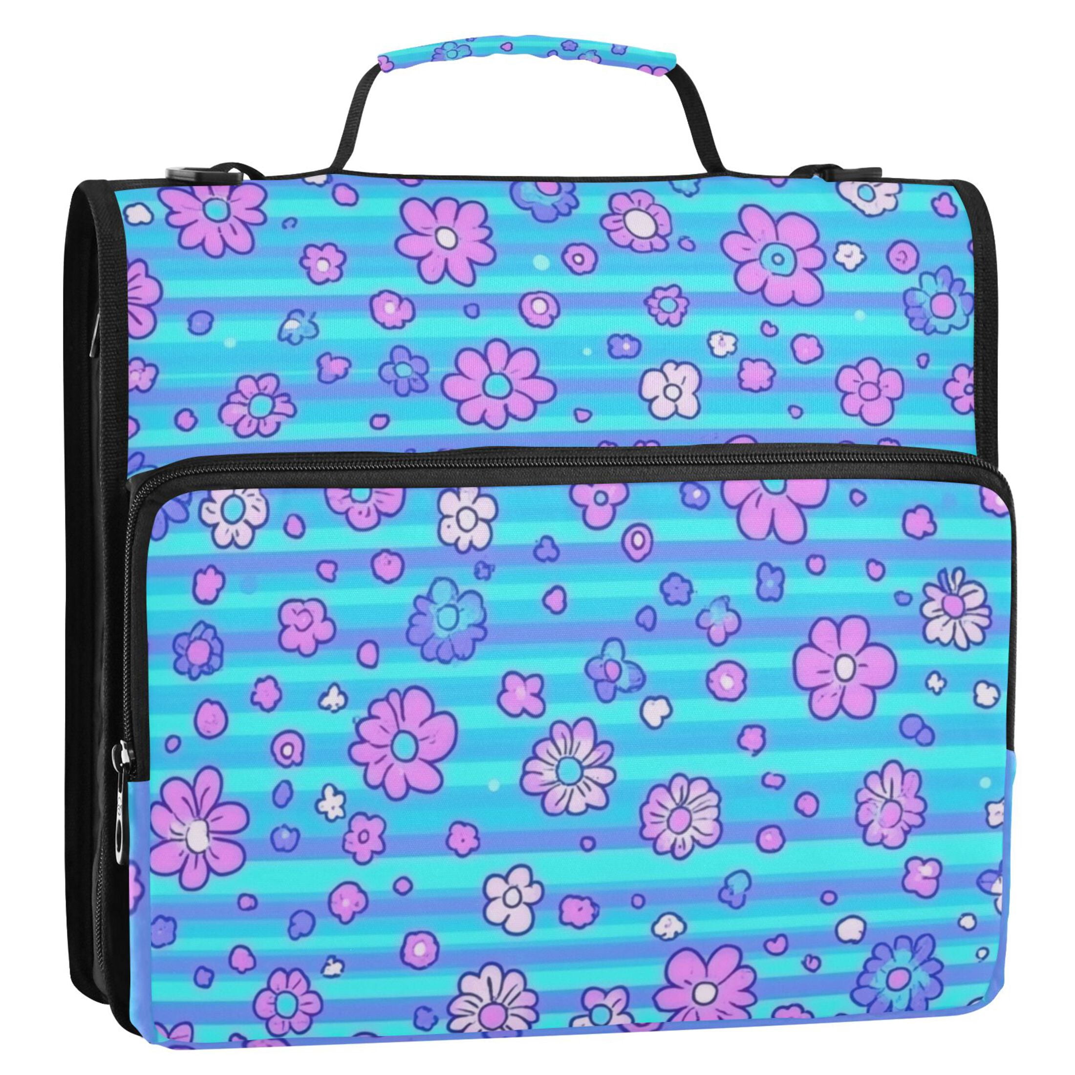 3 Ring Zipper Binder with Shoulder Strap Waterproof Trapper Keeper 2 Inch D-Ring 500 Sheets Capacity Blue Stripes with Cute Flowers