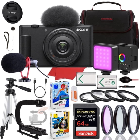 Sony ZV-1F Vlogging Camera (Black) Bundle   Accessory Kit w/ 64GB Extreme Memory, Microphone, LED Light, Stabilization Grip, Case, Filters, Macro Kit & Software (30 Items) (International Version)