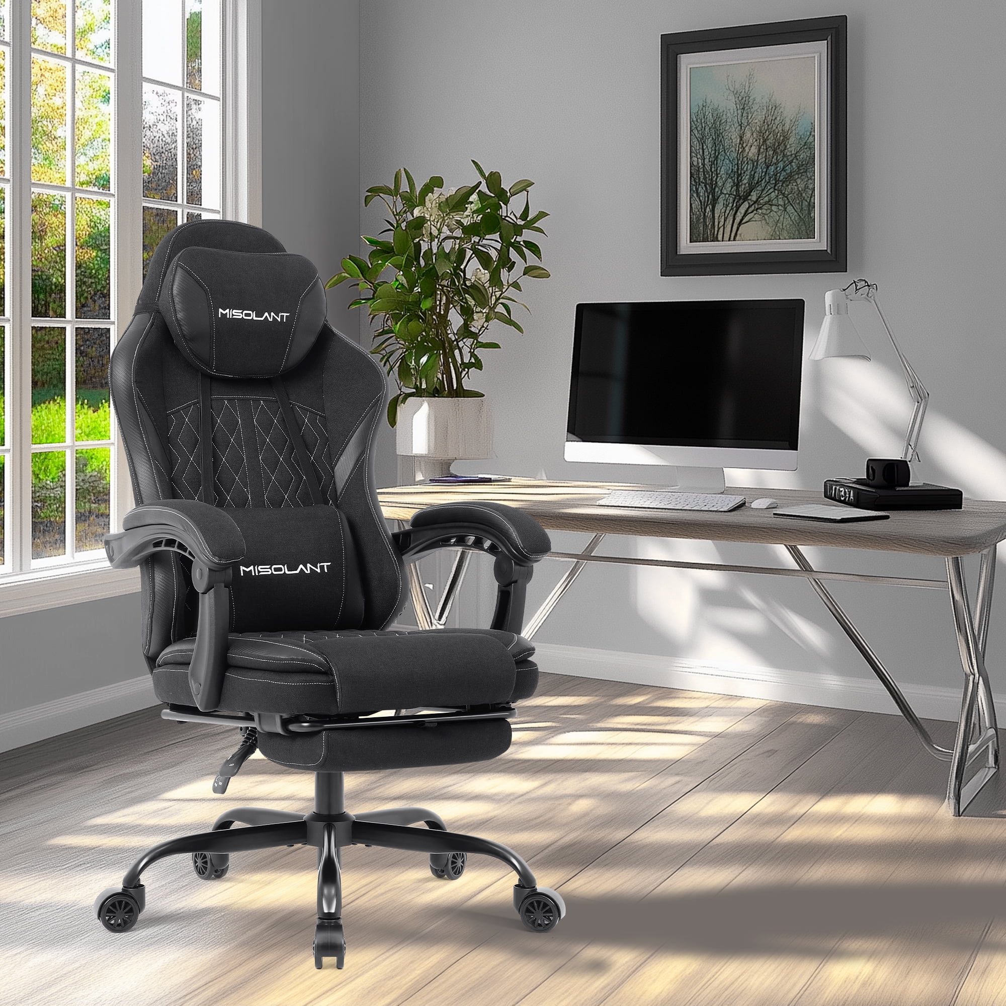 Misolant Gamer Chair with Footrest, Adjustable Headrest and Massage Lumbar Support, Black