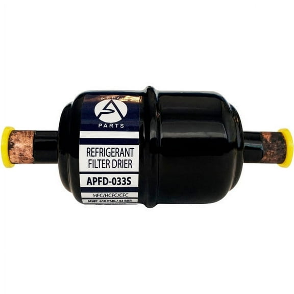 Appli Parts APFD-033S 3/8 in Liquid Line Refrigerant AC Filter Drier hvac Refrigeration 033S ODF Sweat Solder connection universal unidirectional 4-1/2 in long 1-3/4 in wide