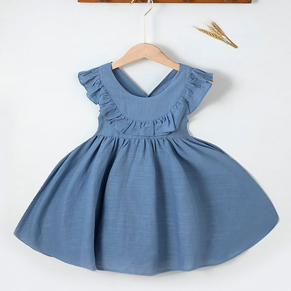 Toddler Girl Dress Flutter Sleeve A-Line Tiered Swing Summer Dark Blue Dress Girls Birthday Dress Girls Fancy Dresses
