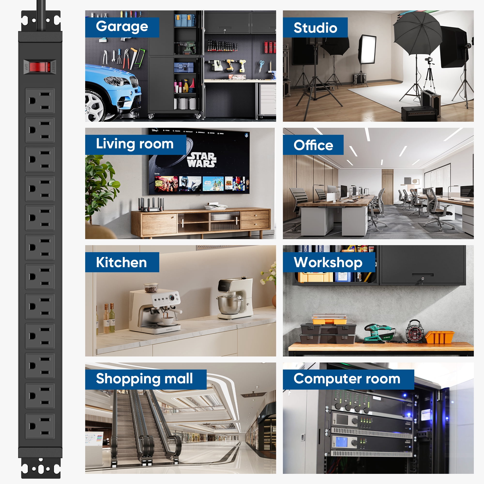 VILONG 12-Outlet Power Strip with Rotating Mount, Surge Protector Wall Mount, 6ft Extension Cord – for Garage, Workshop & Home Office (Black, ETL Certified)