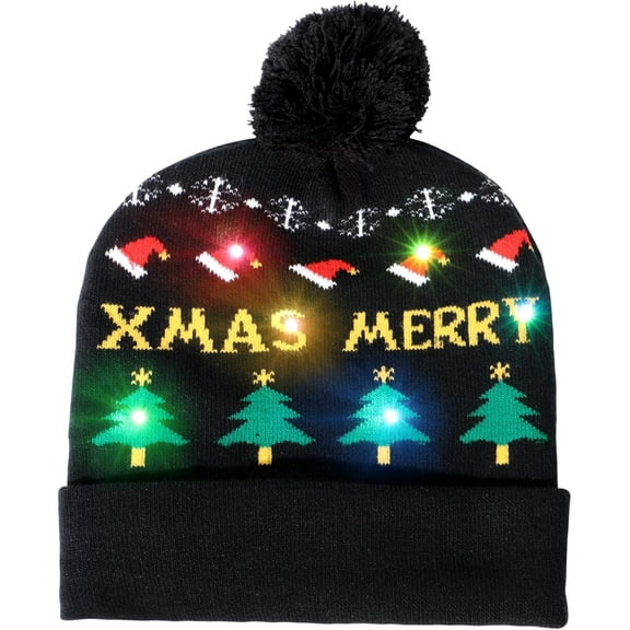 Christmas Beanie Hat, LED Light Up Christmas Knitted Hat with Colorful LEDs, Elastic Knitted Beanie Hat