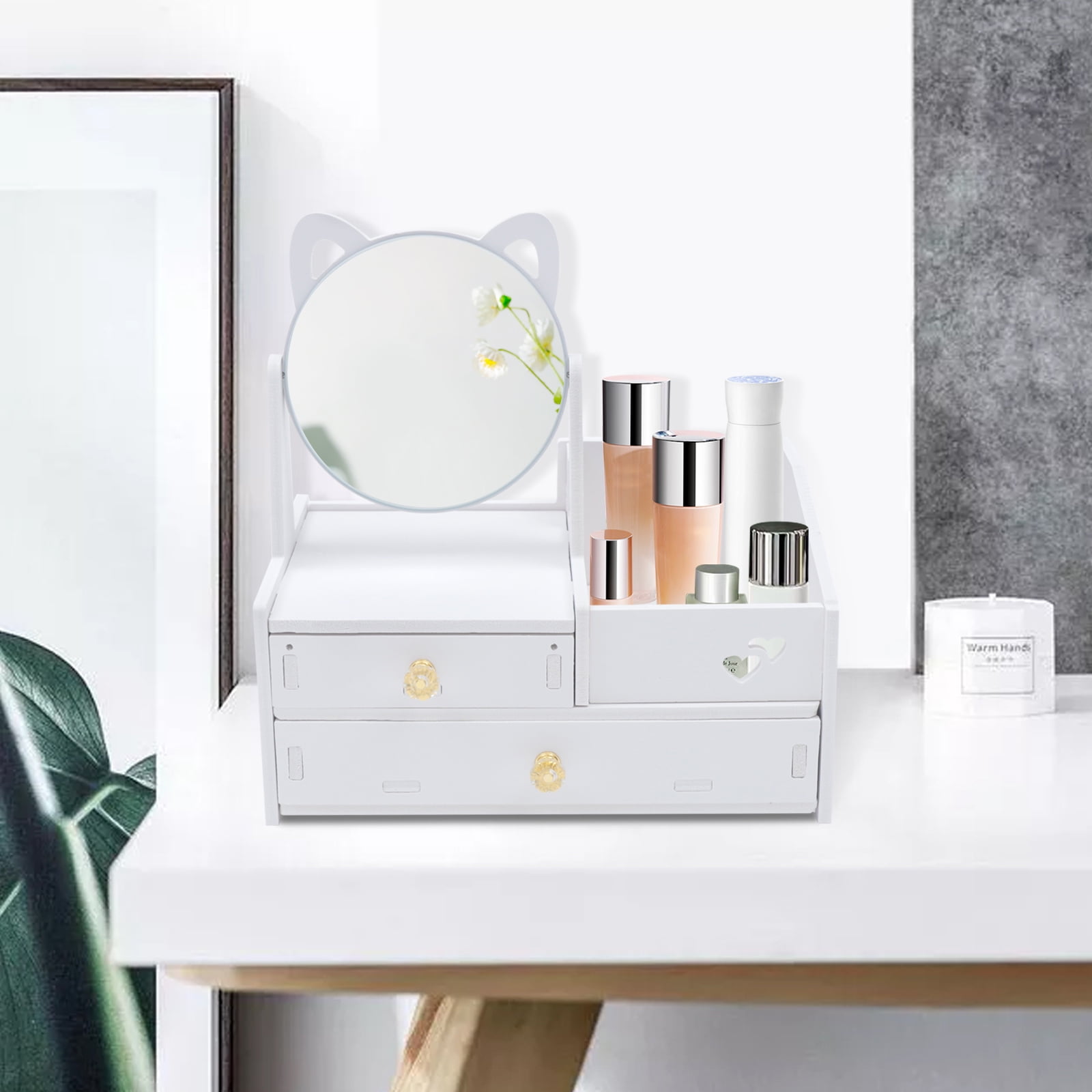 Loyalheartdy Dressing Table Cosmetic Storage Box with Mirror White PVC Double Drawer Desktop