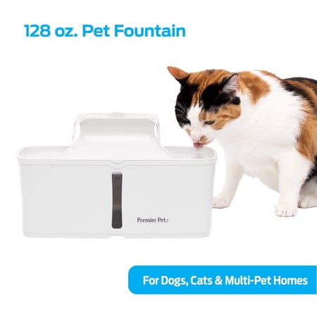 Premier Pet 128 oz. Pet Fountain, Automatic for Dogs, Cat, & Multi Pets, Filters Included, White