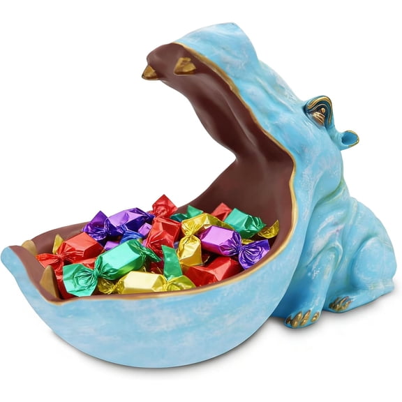 Hippo Resin Decorative Tray, Hippopotamus Key Bowl and Candy Holder, Animal Figurine Storage Tray for Desk, Entryway, Coffee Table Home Decor, Light Blue